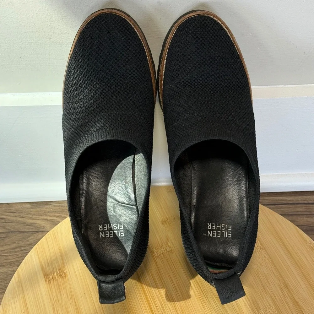 Eileen Fisher Wedge Pump Womens 8 Black Knit Platform Lug Sole Quiet Luxury Chic
